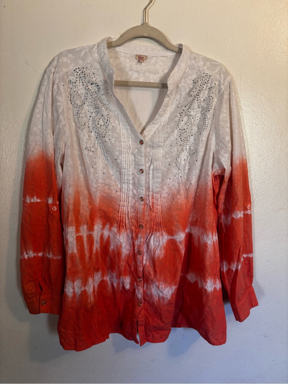 Reba Orange and White Tie-Dye Button-Down Shirt with Rhinestone Shoulders
